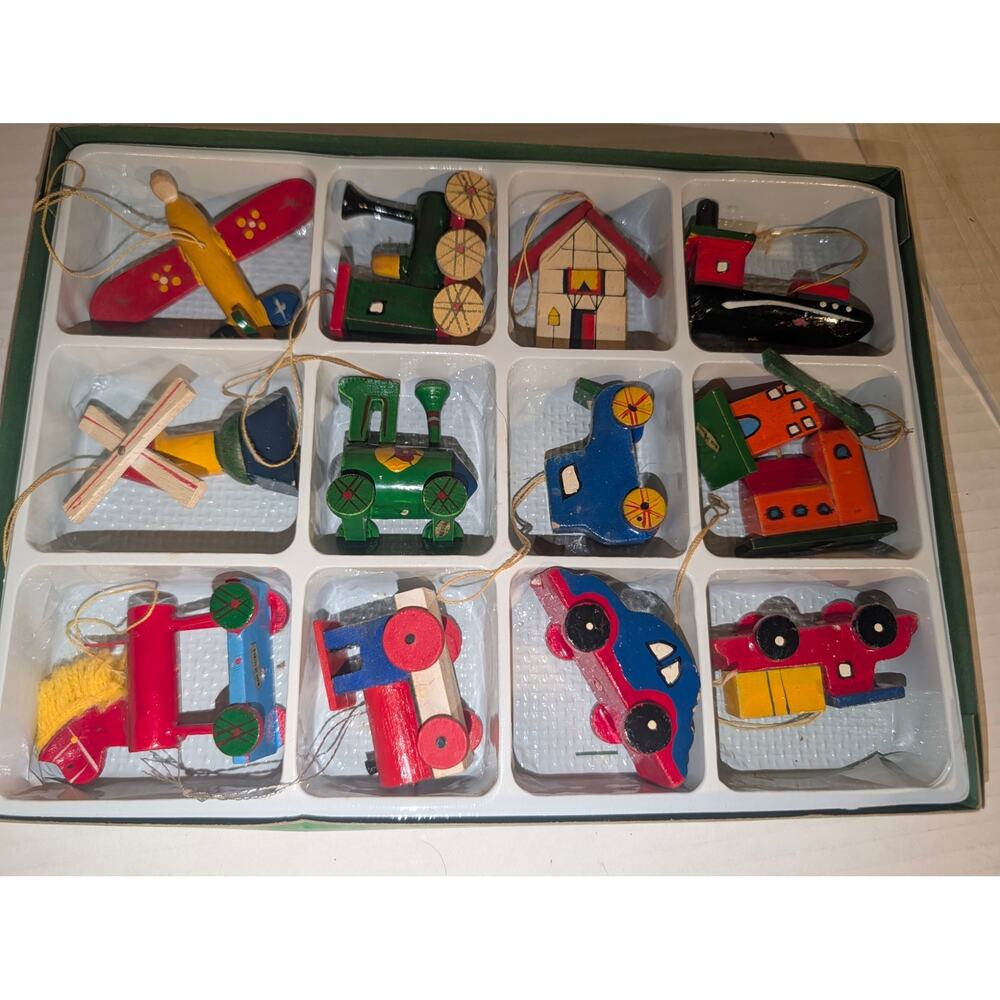 Vintage box 13 Wooden Ornaments Bronner's Train Car Boat Windmill Horse Rare